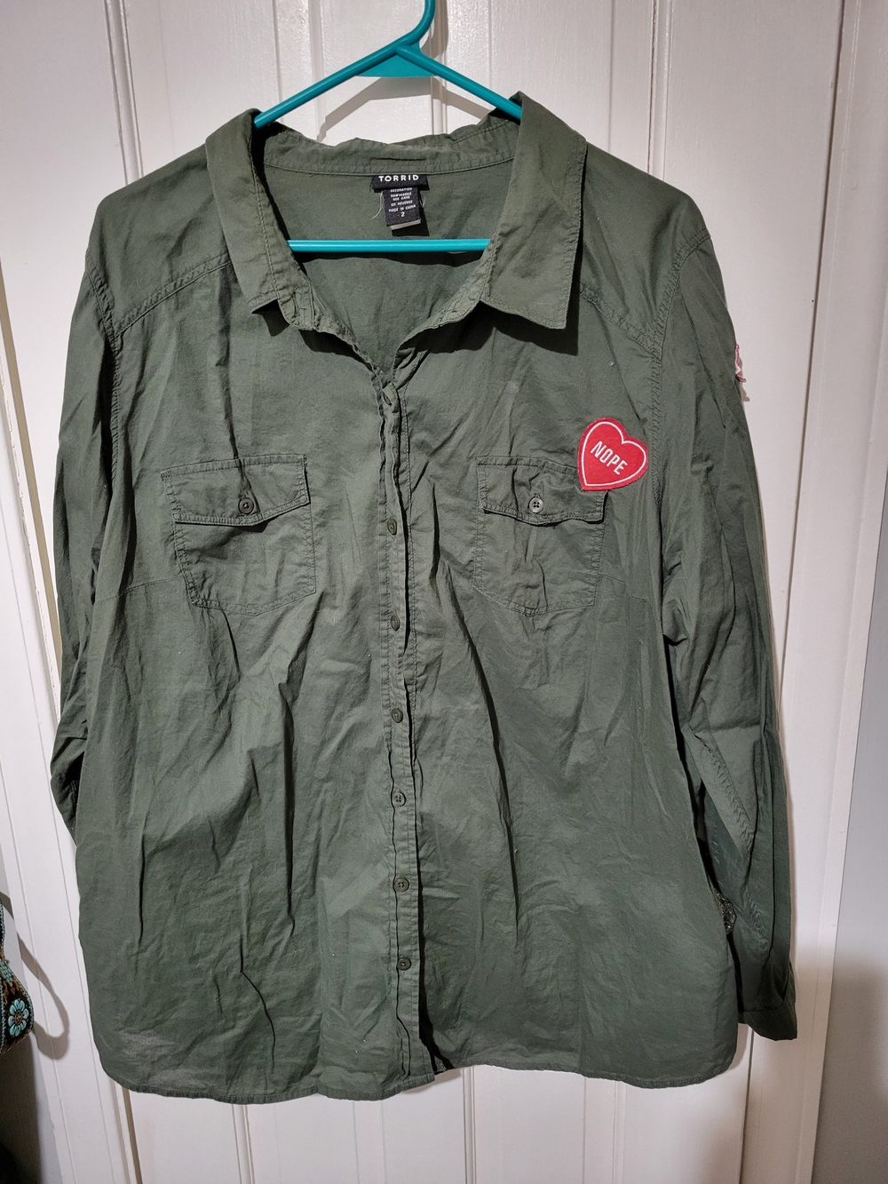 torrid olive green button-up shirt with patches